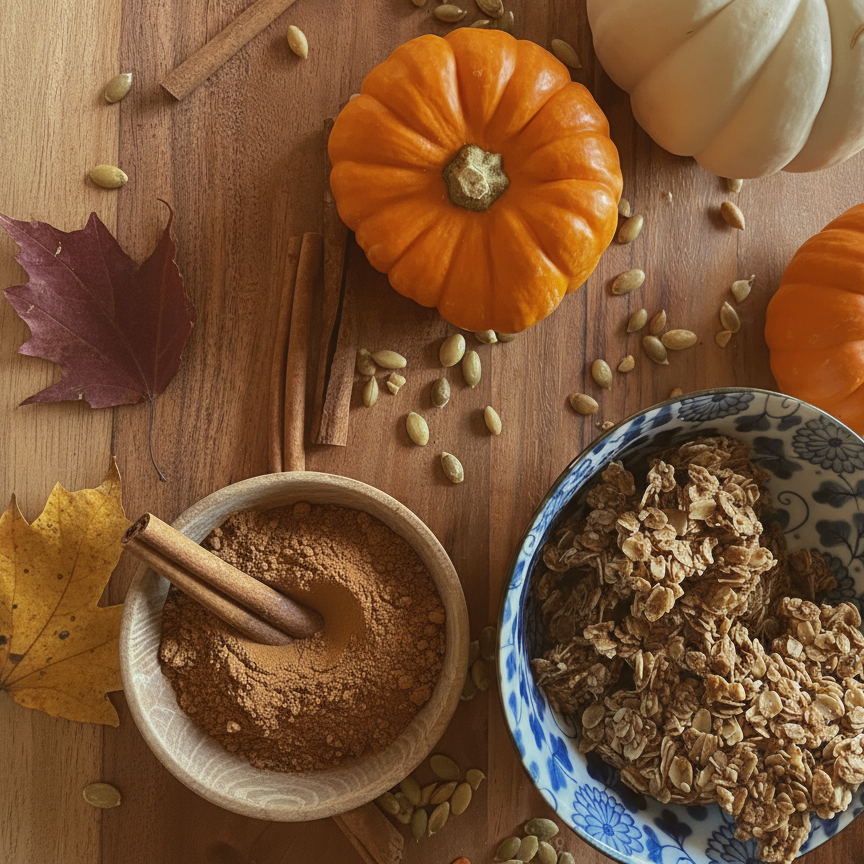 Wooden cutting board with pumpkins, spices, and a bowl of granola.