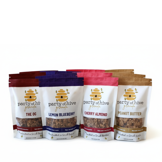 Five packages of 'Party of the Hive' granola on a white background